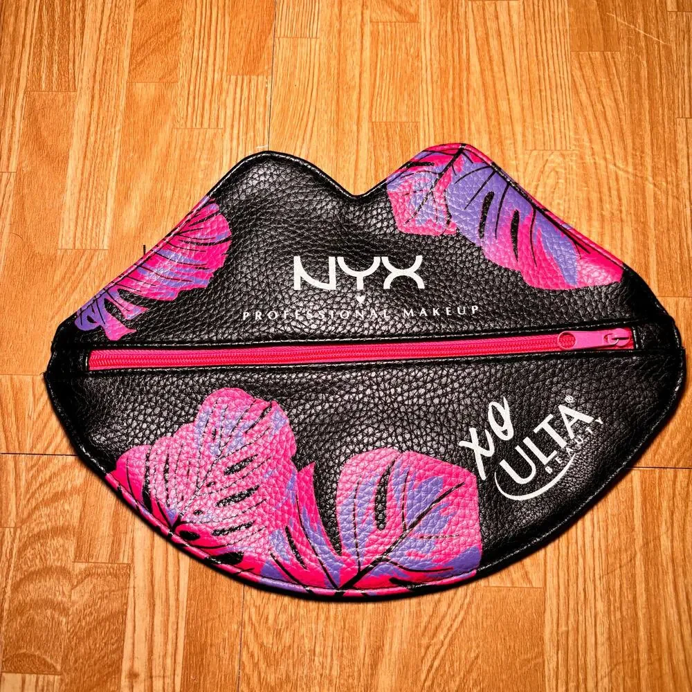 NYX Ulta Makeup Bag Lips Shape Black Pink Purple Tropical Leaf Cosmetic Pouch